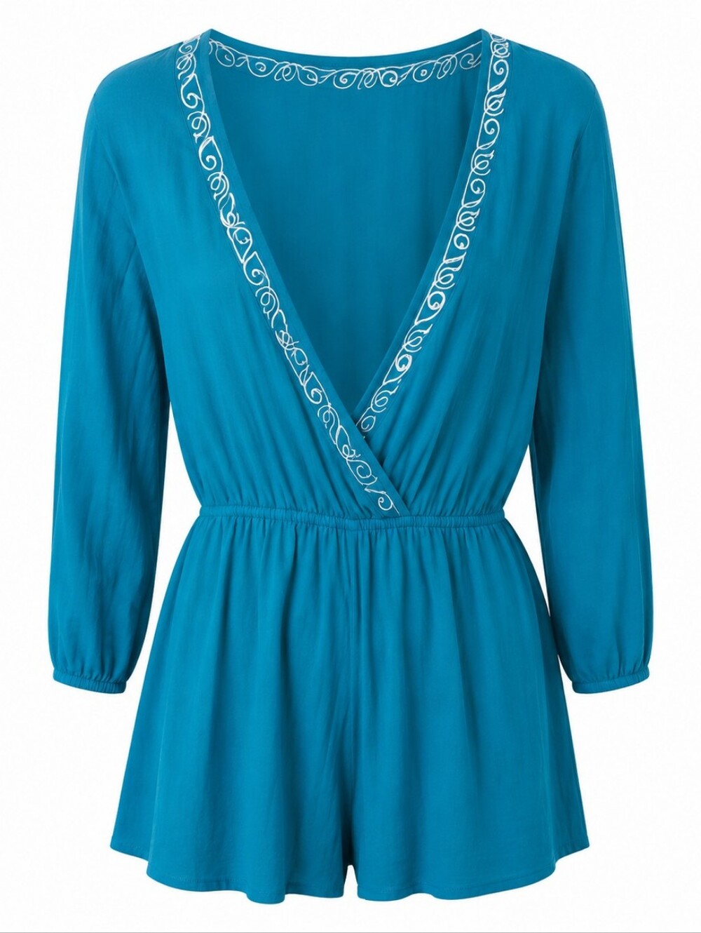 Earthbound Trading Embroidered Wrap Romper Boho Teal Rayon Size Small